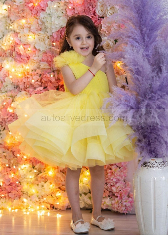 One Shoulder Yellow Tulle Gorgeous Flower Girl Dress